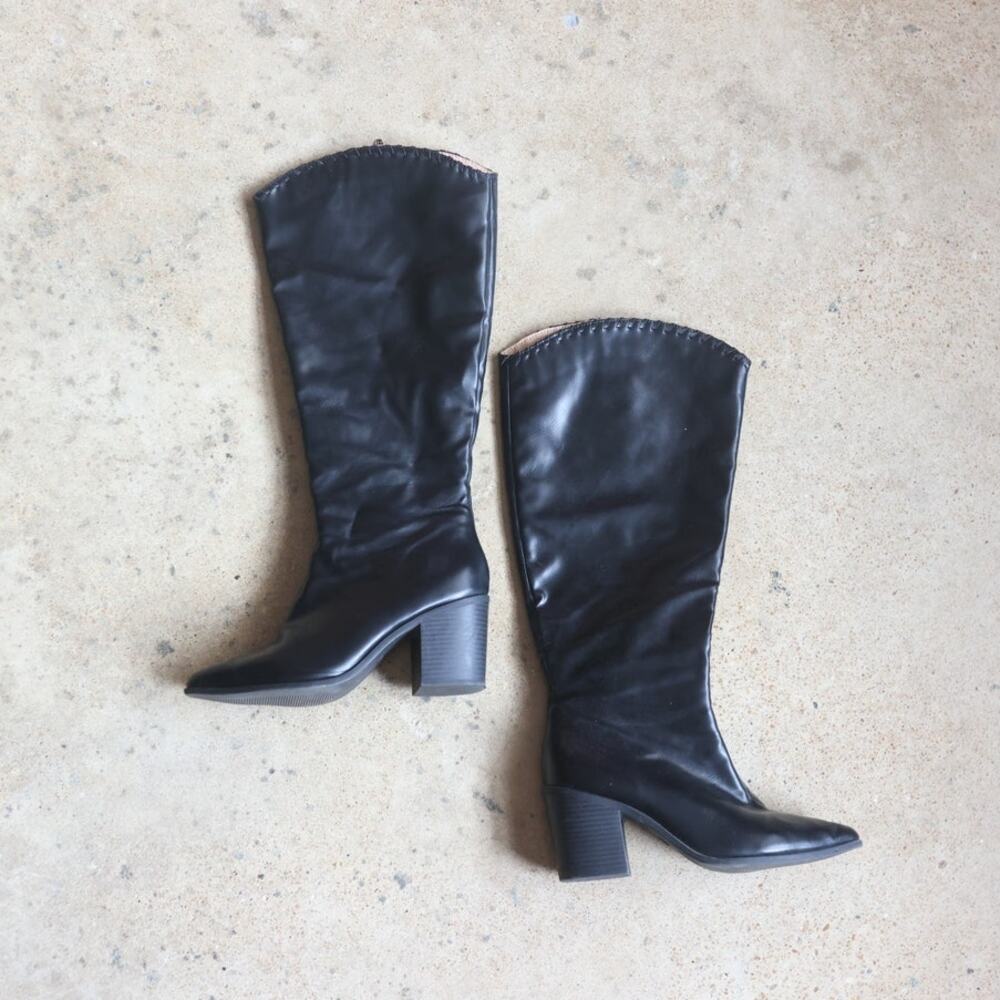 Western Knee High Boots Women's Size 7.5 Wide Calf Black Pointed Toe Block Heel